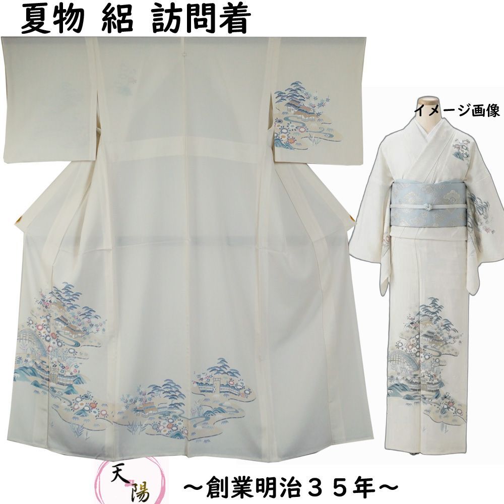 夏物 絽 訪問着 茶屋辻模様 橘紋 極薄いオイスターホワイト色系 M