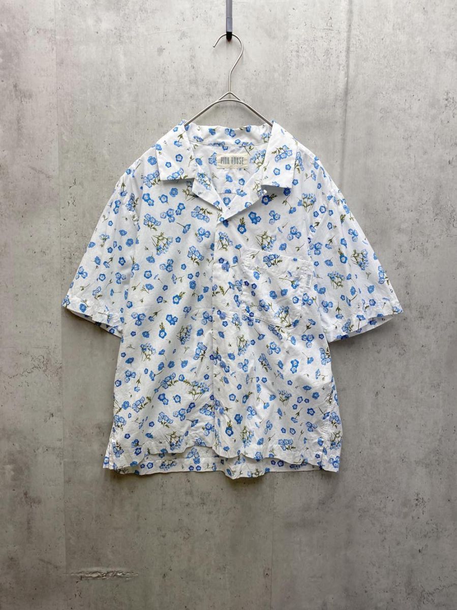 美品 PINK HOUSE ピンクハウス コットン 花柄プリント オープンカラー 半袖 アロハ シャツ 白ｘ青 ■◆◎レディース