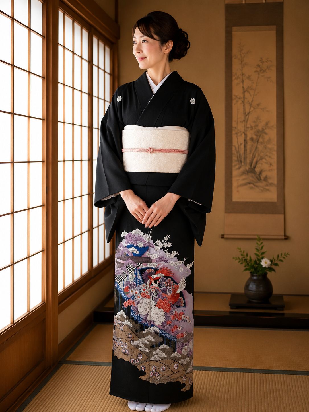 鳳凰舞う御所解 駒絽 黒留袖 吉祥花扇面文様 金銀彩 五つ紋 比翼・袖