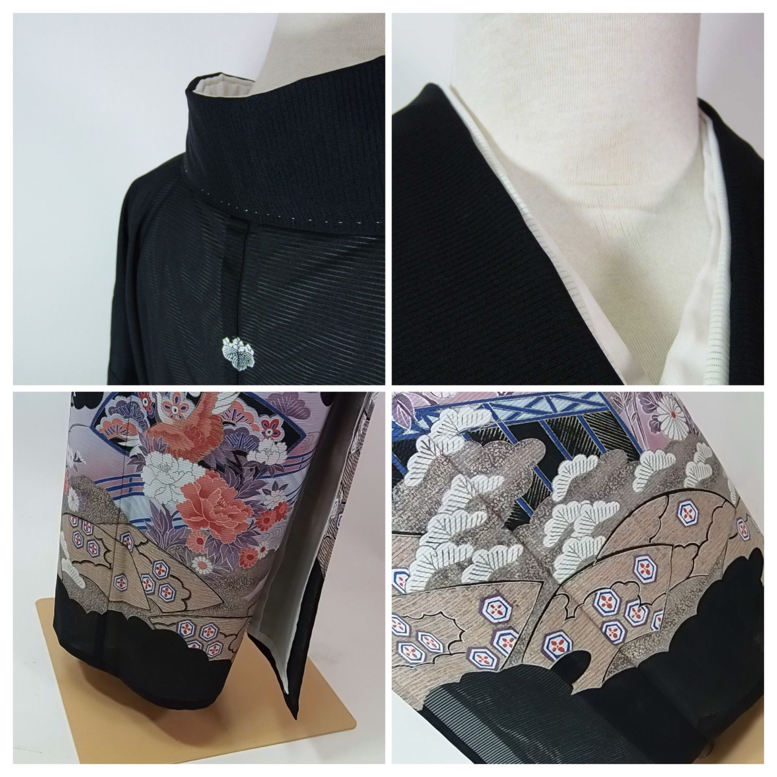 鳳凰舞う御所解 駒絽 黒留袖 吉祥花扇面文様 金銀彩 五つ紋 比翼・袖