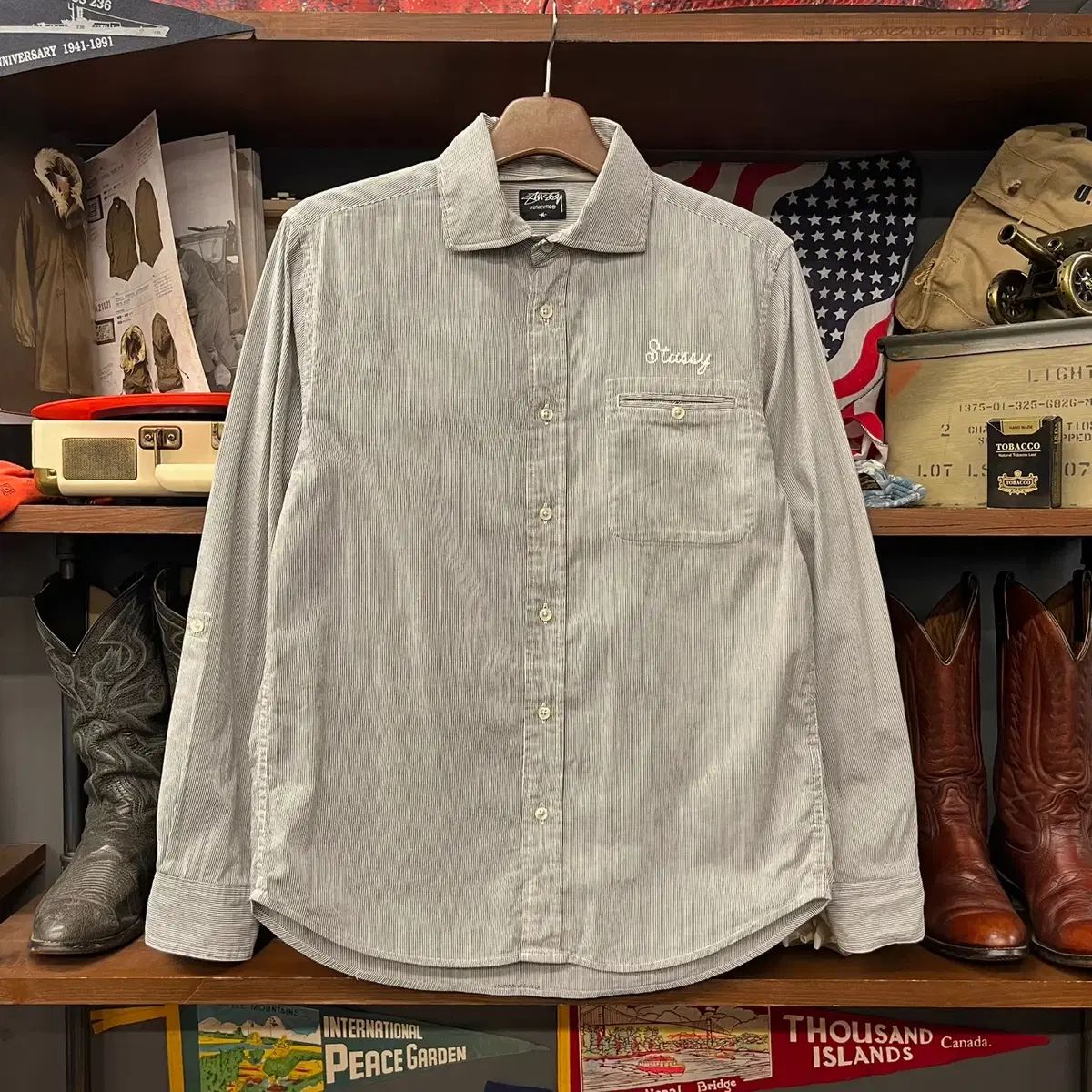 00s オールド STUSSY ステューシー 前面 ポケット ピン ストライプ Oxford（オックスフォード) シャツ N1890
