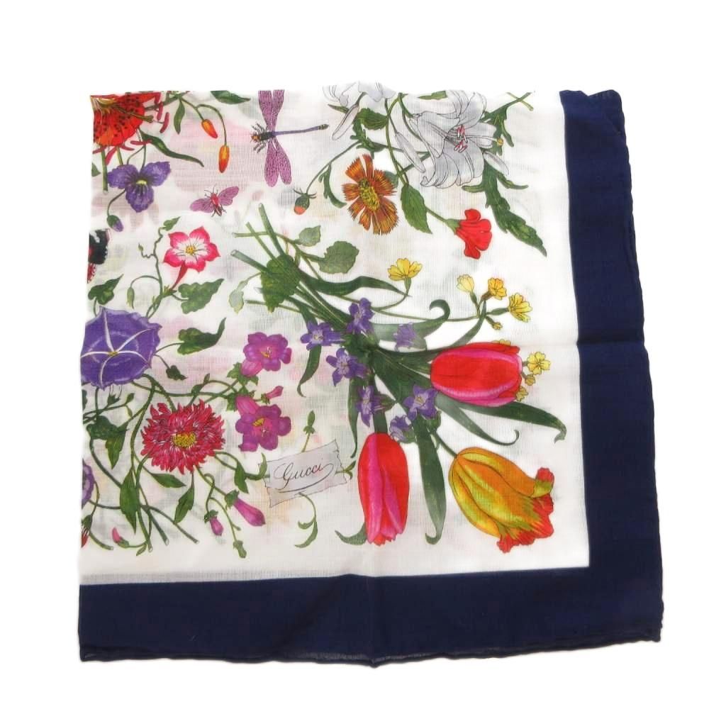 グッチ GUCCI スカーフ 花柄 フローラプリント シルクツイル 白