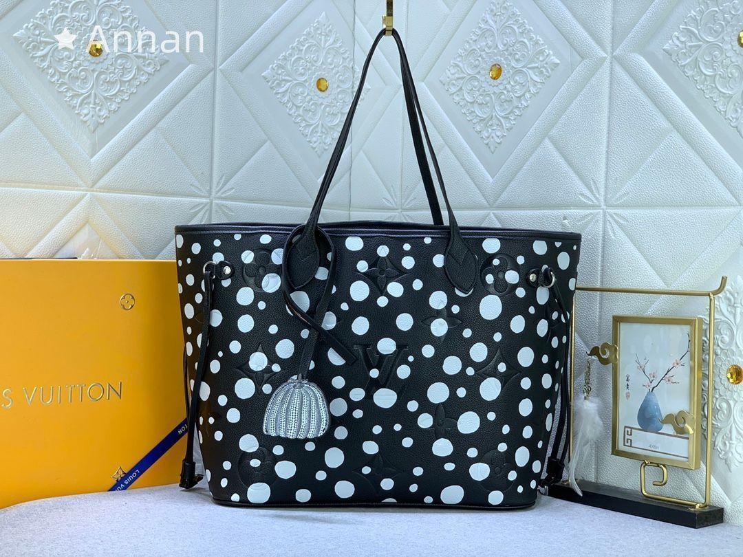 黒 ルイ ヴィトン LOUIS VUITTON トートバッグ アンプラント LV YK ネヴァーフル モノグラム MM レザー 草間彌生