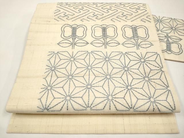 平和屋着物＊夏物　中国三大刺繍　相良刺繍　刺し子　九寸名古屋帯　紬地　遠州椿　正絹　逸品　CABJ5762tx