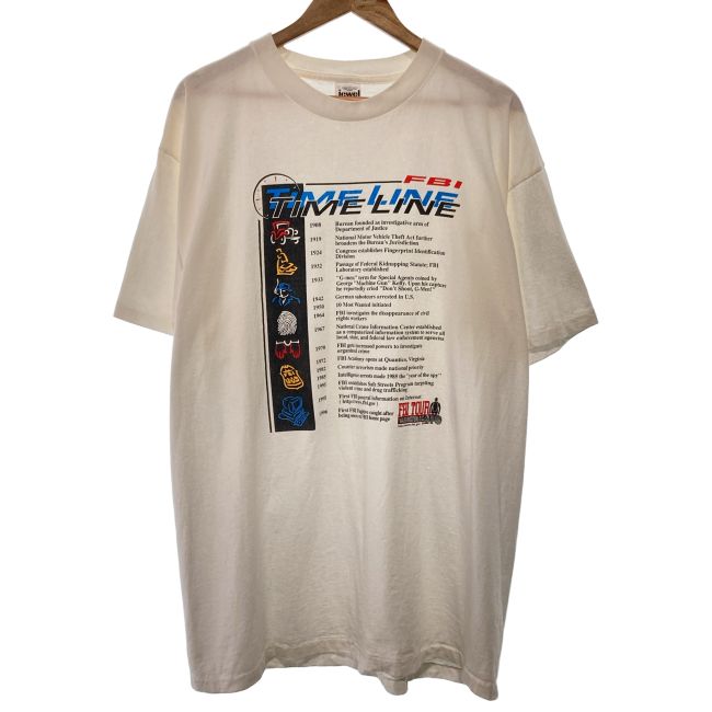 【中古】　JEWELTONES　Tシャツ　90s vintage　90年代　OLD　半袖　トップス　クルーネック　FBI　歴史的年表　プリント　オーバーサイズ　USA製　古着　/5082