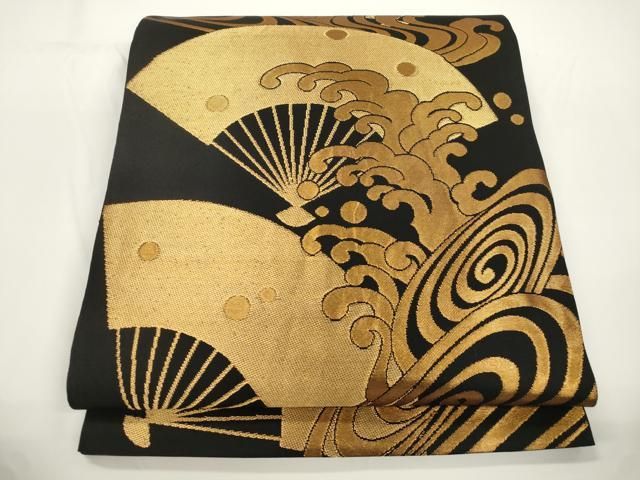 平和屋着物●織物一筋名門　織悦　全通柄　本袋帯　扇面立波文　黒地　金糸　正絹　逸品　CABJ2293dy