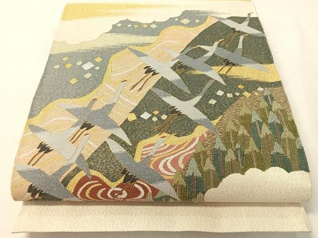 平和屋着物●爪掻き本綴れ　太鼓柄袋帯　遠山飛鶴風景文　金銀糸　正絹　逸品　CABJ0758vp
