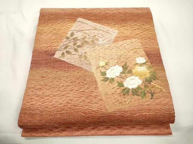 平和屋着物▽太鼓柄袋帯　スリーシーズン　春夏秋　櫛織　刺繍　色紙重ね草花文　金銀彩　正絹　逸品　CABJ2311dy 13,832円