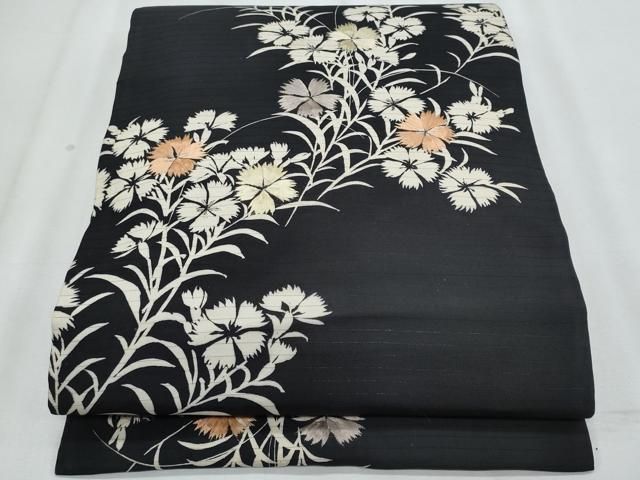 平和屋着物＊夏物　アンティーク　大正ロマン　塩瀬　九寸名古屋帯　刺繍　枝花文　黒地　正絹　逸品　CABJ4618fb