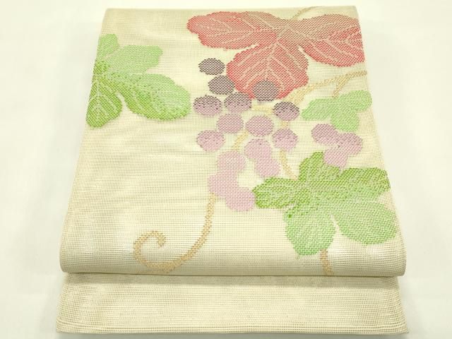 訳あり 蔦の葉のペンダント 4523 平和屋着物＊夏物 太鼓柄袋帯 葡萄蔦の葉文 金糸 正絹 逸品 未使用