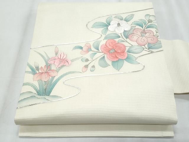 平和屋着物＊夏物 九寸名古屋帯 手描き 駒刺繍 杜若枝椿 銀糸 正絹