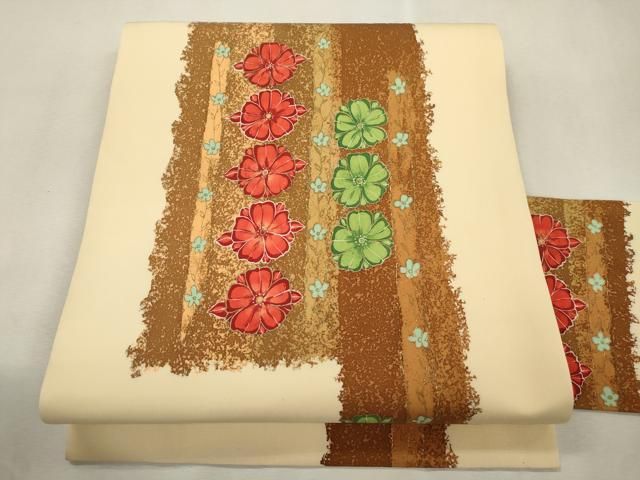 平和屋着物●塩瀬　九寸名古屋帯　ろうけつ染め　舞花文　金彩　正絹　逸品　CABJ2211dy