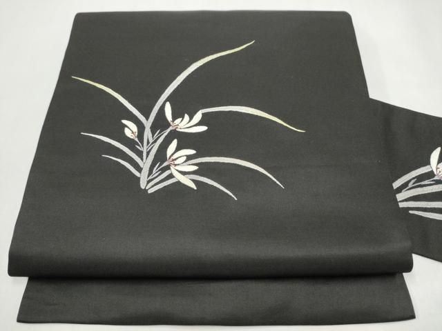 平和屋着物●九寸名古屋帯　総刺繍　草花文　黒地　金糸　正絹　逸品　CABJ4980hy