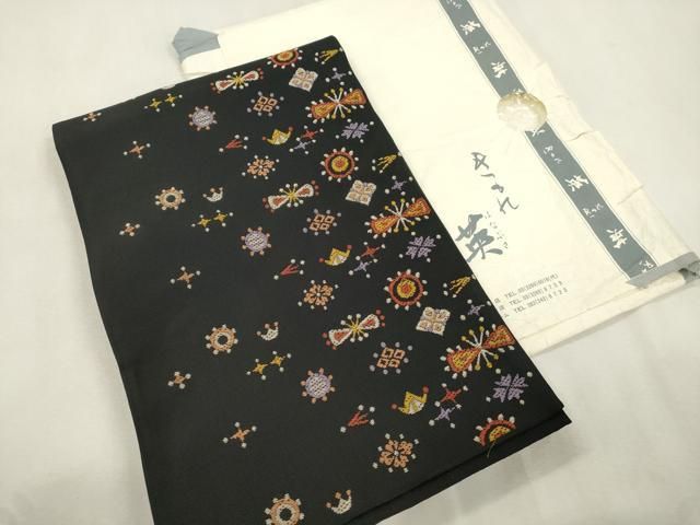 平和屋着物●西陣　川島織物　洗える最高級着物　＜英＞はなぶさ謹製　六通柄　京袋帯　宝尽くし文　黒地　CABJ2192dy