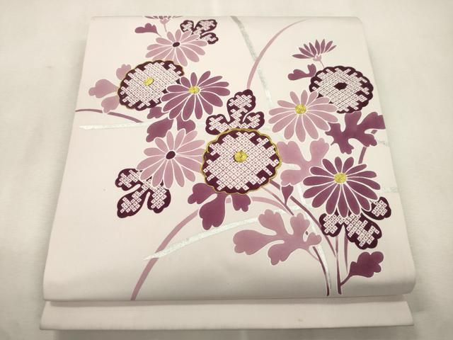 平和屋着物●塩瀬　九寸開き名古屋帯　駒刺繍　草花文　銀彩　正絹　逸品　CABJ2197dy 22,776円