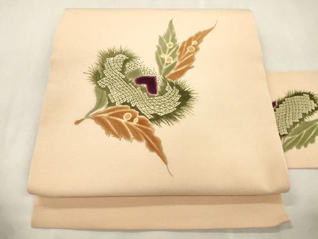 平和屋着物●九寸名古屋帯 手描き 舞葉文 鬼しぼ縮緬 正絹 逸品 CABJ2207dy