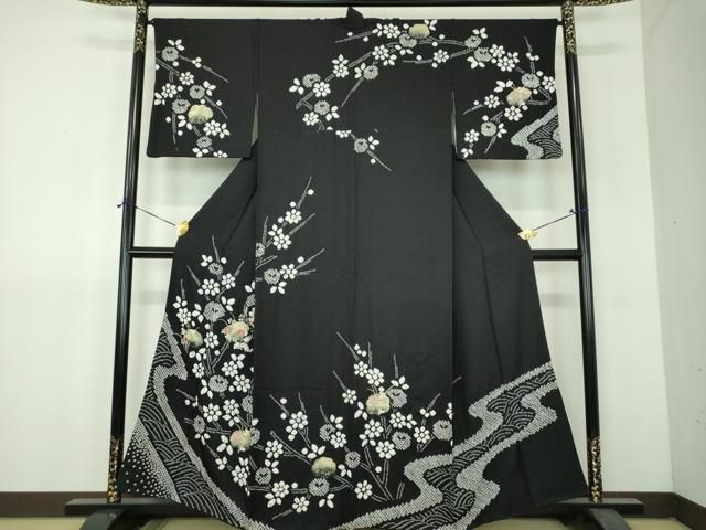 平和屋着物●訪問着　刺繍　絞り　草花文　黒地　金彩　正絹　逸品　DABH9167ps