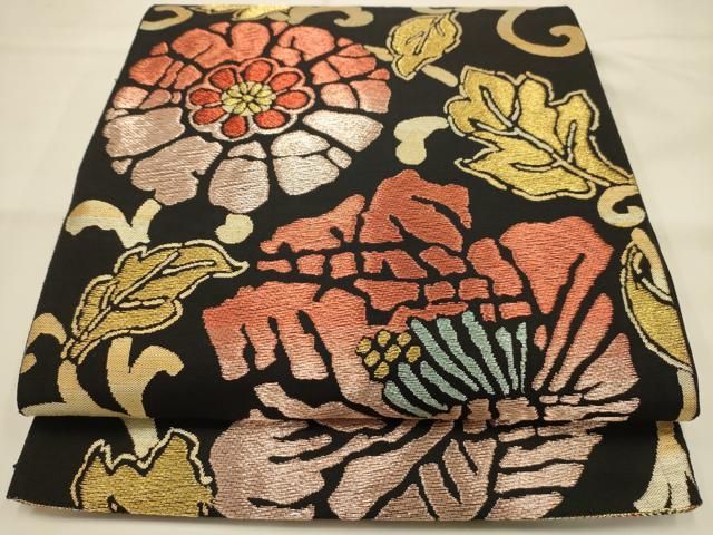 平和屋着物●六通柄　本袋帯　牡丹文万暦　黒地　金糸　正絹　逸品　AABJ2168sx 27,885円