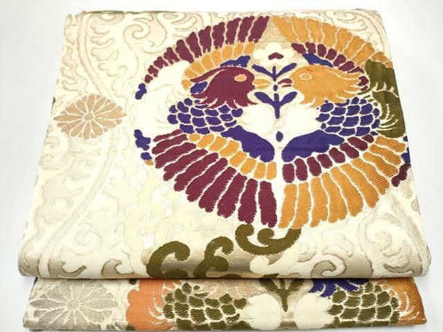 平和屋着物●アンティーク　大正ロマン　丸帯　向かい鳥花文　金糸　引き抜き帯　正絹　逸品　CABH4986hy