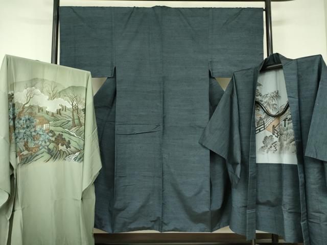 平和屋着物●男性　紬　アンサンブル　長羽織・長襦袢(無双仕立て)セット　鉄御納戸色　正絹　逸品　DABF3644op