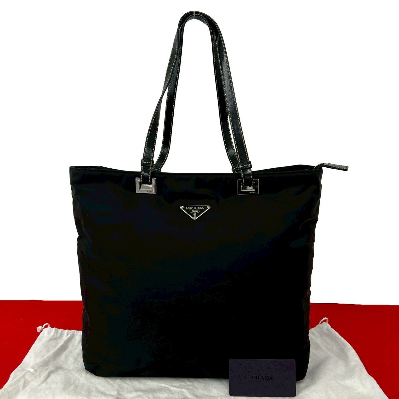 極美品✨プラダ　チェーントートバッグ　三角プレート　ナイロン　レザー　ブラック 極 美品 袋付き PRADA プラダ 三角ロゴ プレート 金具 テスート