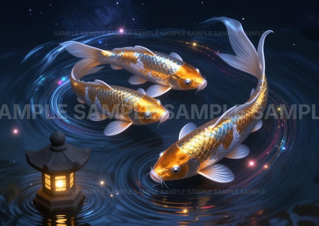 AIアート】【金運招来】開運アート 黄金鯉 3匹 豪華絢爛 金色 財運