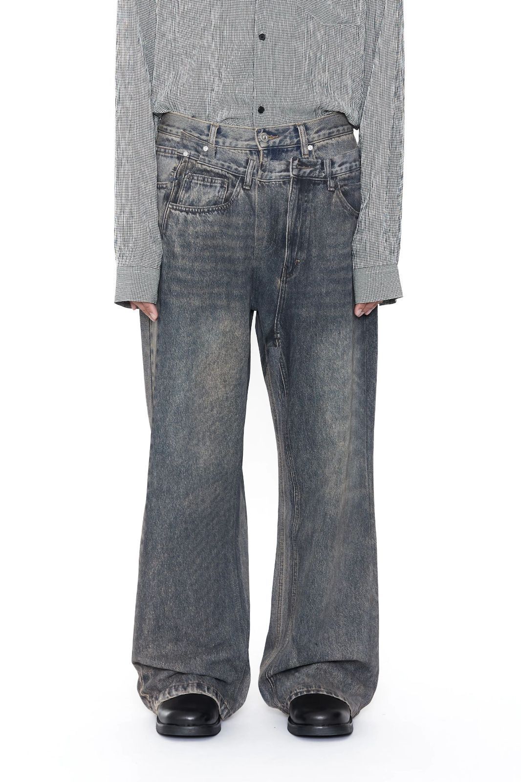 CODA コーダ GREY ACID WASH DUAL EXPOSURE BREAK CUT FLARED JEANS ジーンズ フレア
