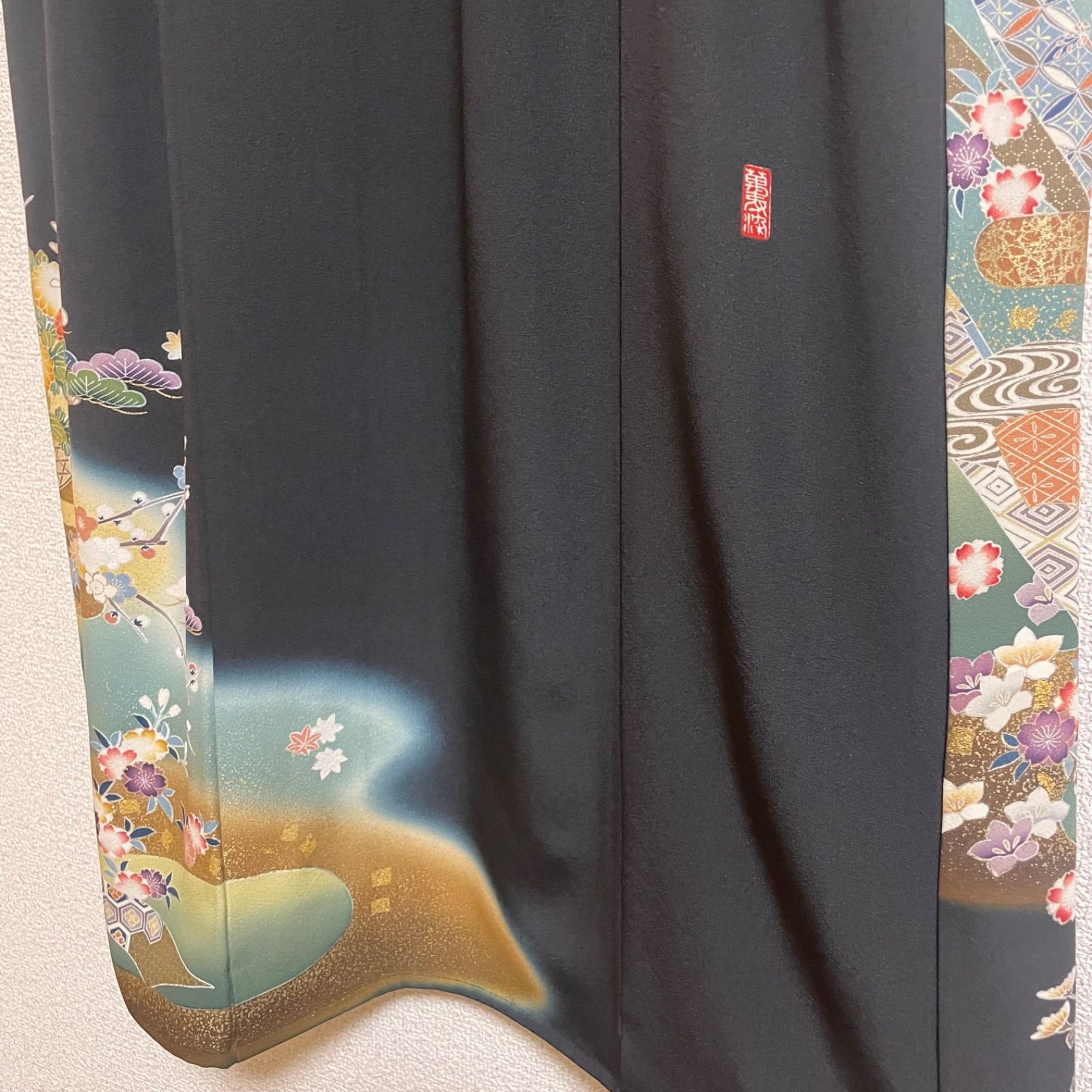 一点物 着物リメイク ロングワンピース ドレス 黒留袖 正絹 作家物 花