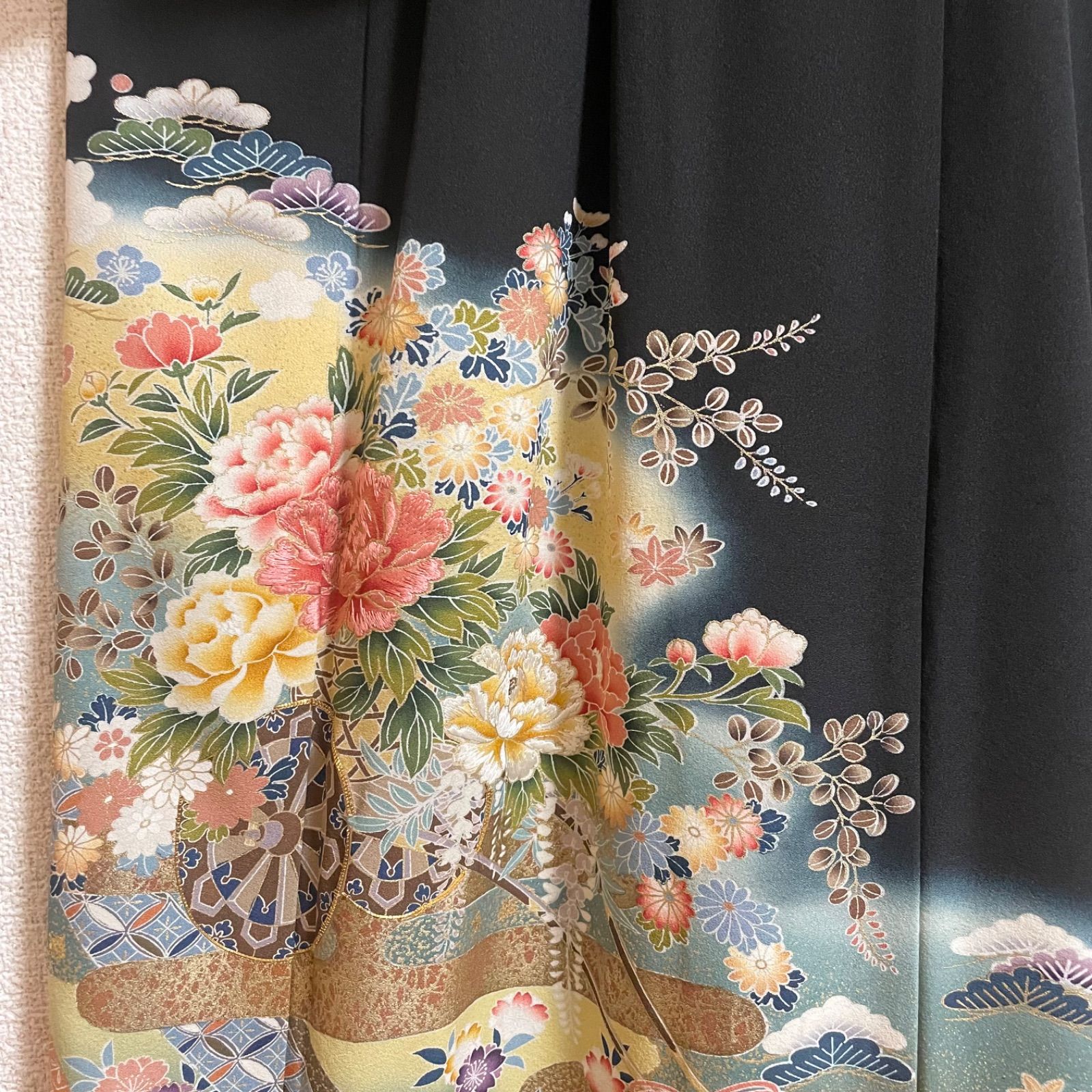 一点物 着物リメイク ロングワンピース ドレス 黒留袖 正絹 作家物 花