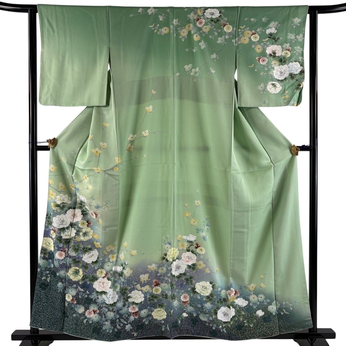 美品】 訪問着 身丈158cm 裄丈62cm S 袷 草花 枝花 銀通し ぼかし 薄緑