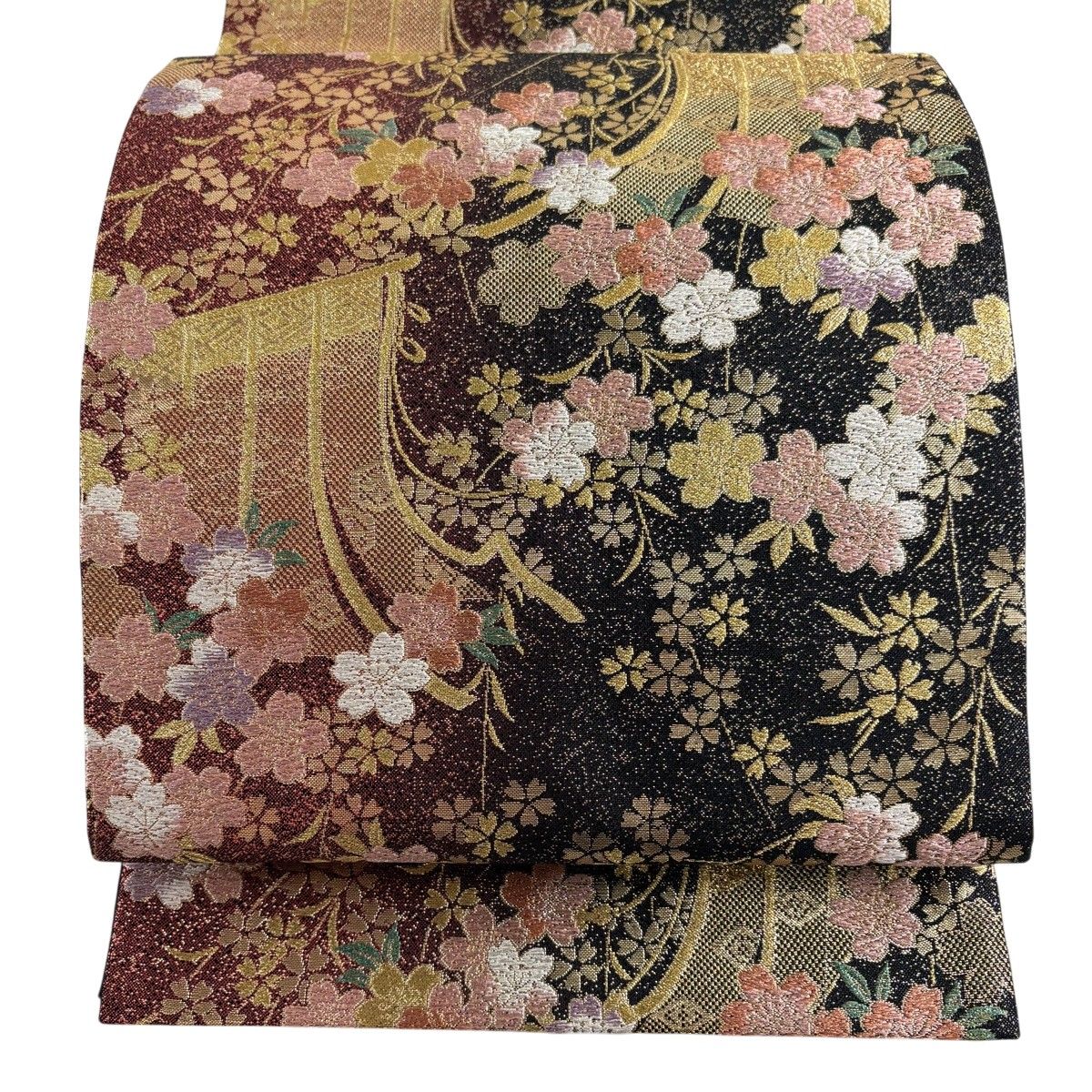 作り帯のみ　二部式　金銀糸 引箔　正絹　振袖 美品】 袋帯 秀品 振袖向き 几帳 桜 金糸 箔 黒 六通 正絹 【中古