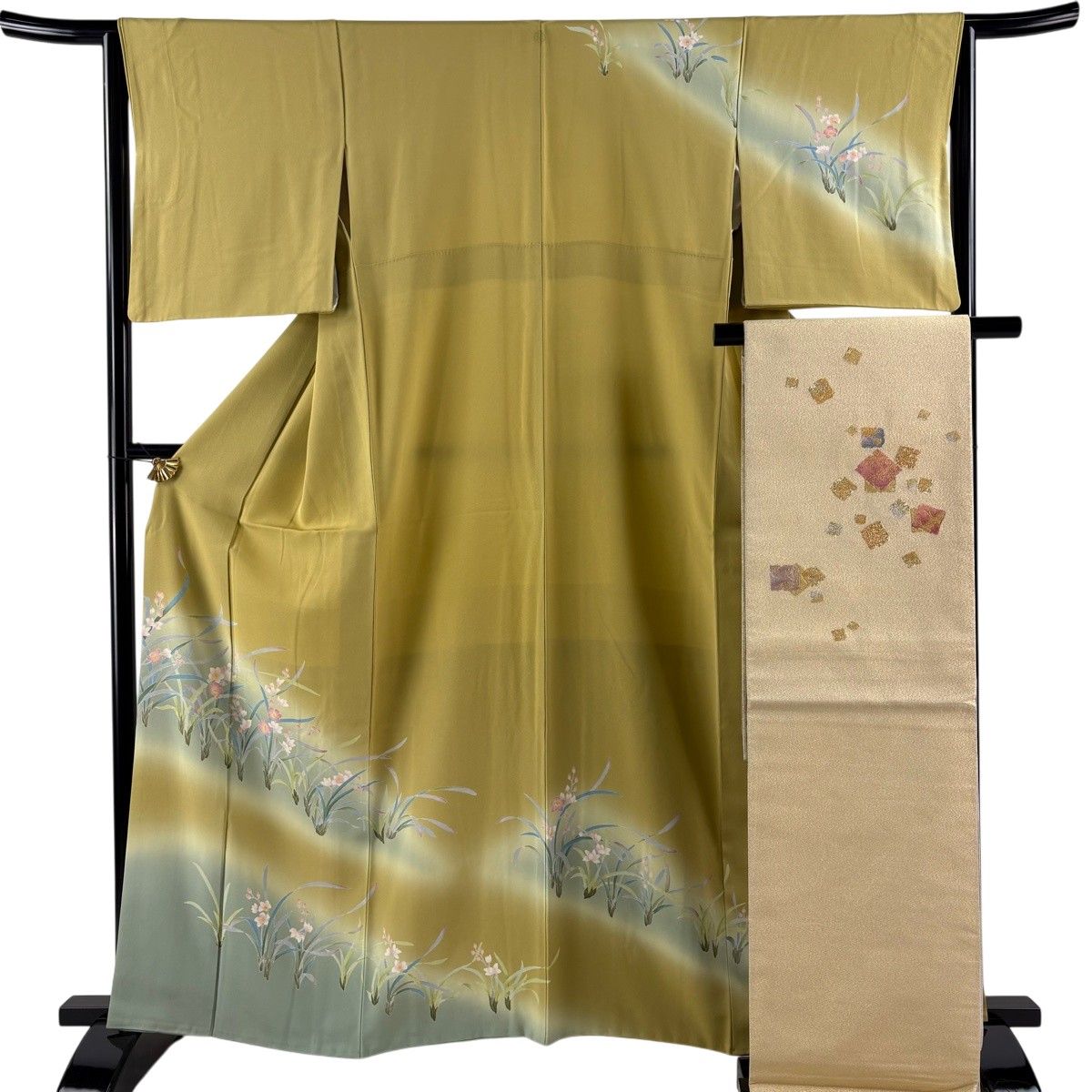 訪問着 身丈162cm 裄丈65cm M 袷 袋帯セット 落款 草花 ぼかし 薄黄土