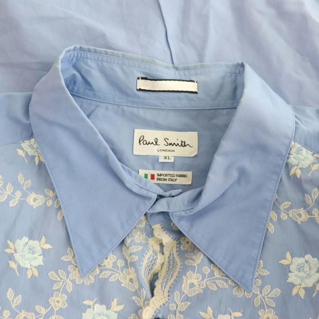 ポールスミス PAUL SMITH 花柄刺繍シャツ 長袖 前開き XL ブルー