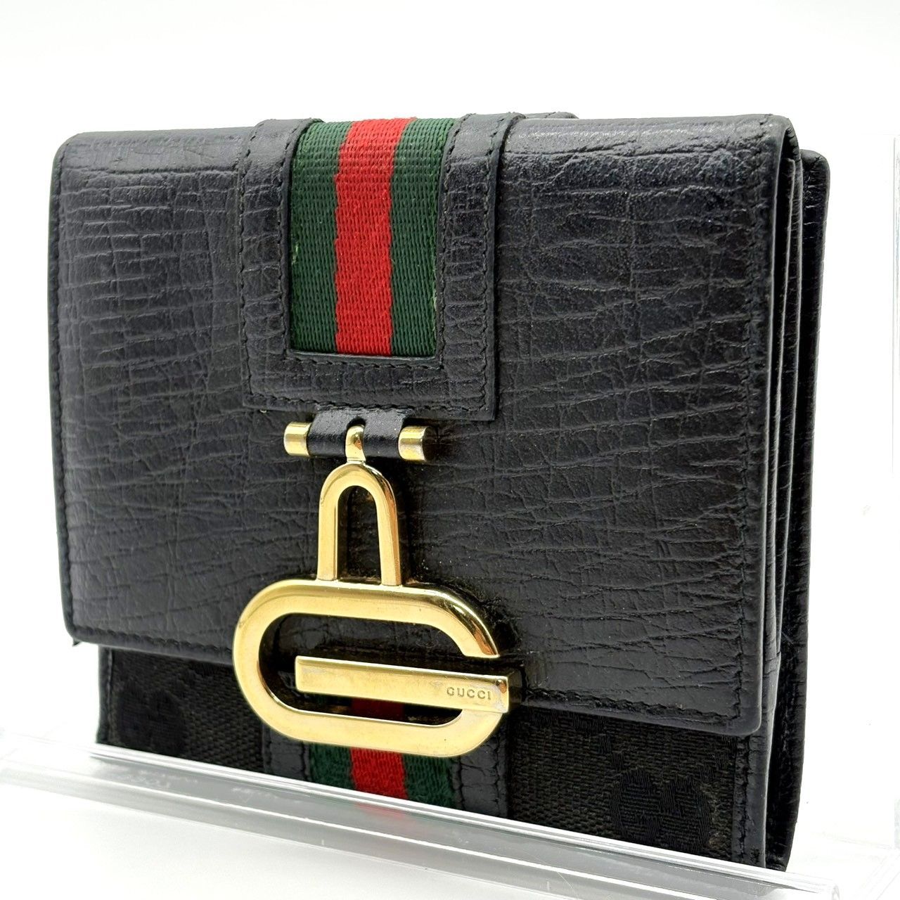 グッチ GUCCI 二つ折り財布 2つ折り財布 レザー キャンバス ブラック