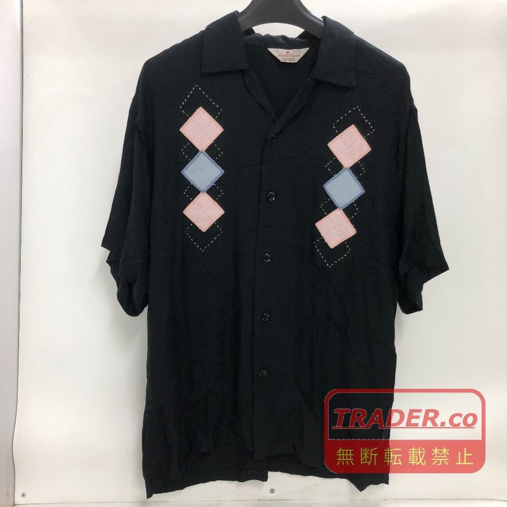 02w24438 Style Eyes Style Eyes Patchwork Argyle Pattern Short Sleeve Bowling Shirt Black L Men's Short Sleeve Shirt Rayon SE32854 [Used]