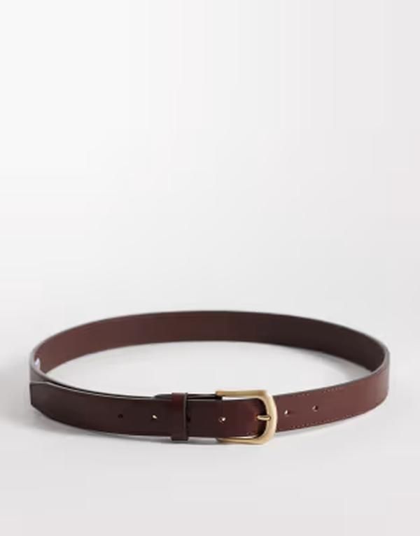 エイソス メンズ アクセサリー ベルト レザー ASOS DESIGN smart leather single stud belt with roundedge gold buckle BROWN