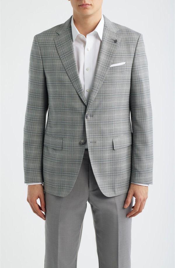 ボス メンズ アウター ジャケット・ブルゾン スリムフィット コート BOSS Hutson Slim Fit Plaid Stretch Sport Coat Silvery Grey グレー