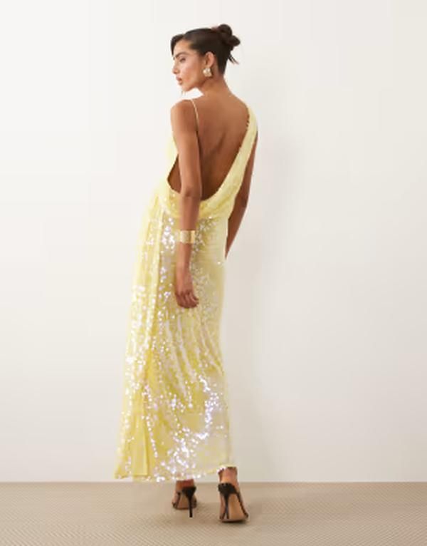 エイソス レディース トップス ワンピース ハイネック ドレープ スパンコール マキシ ASOS DESIGN high neck draped back maxi dress in yellow s