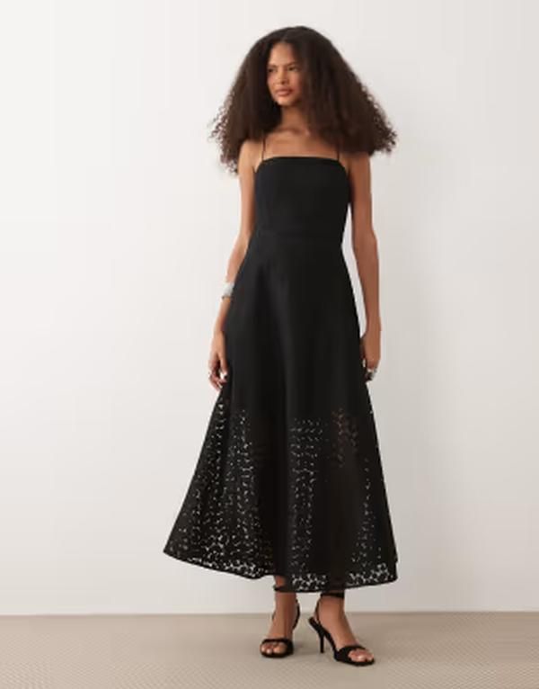 マンゴ レディース トップス ワンピース 刺繍 マキシ Mango embroidered cami maxi dress Black ブラック