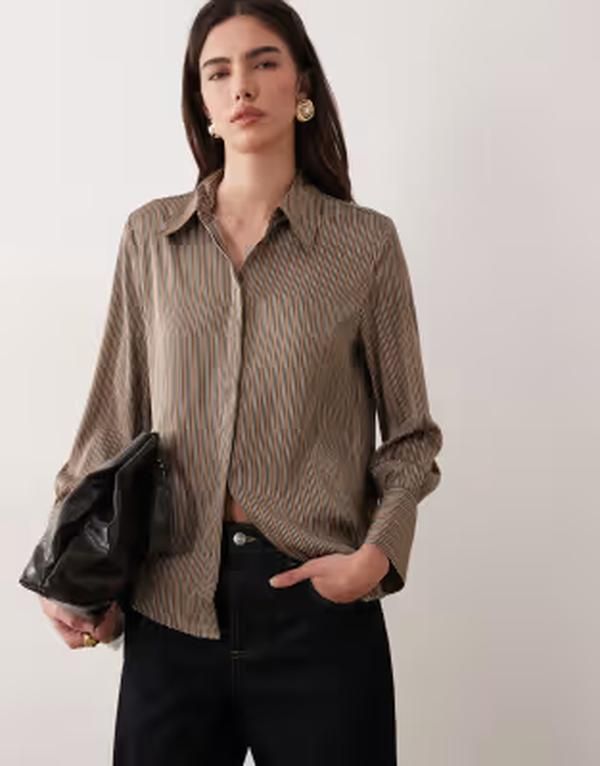 マンゴ レディース トップス シャツ Mango classic shirt pinstripes BROWN ブラウン