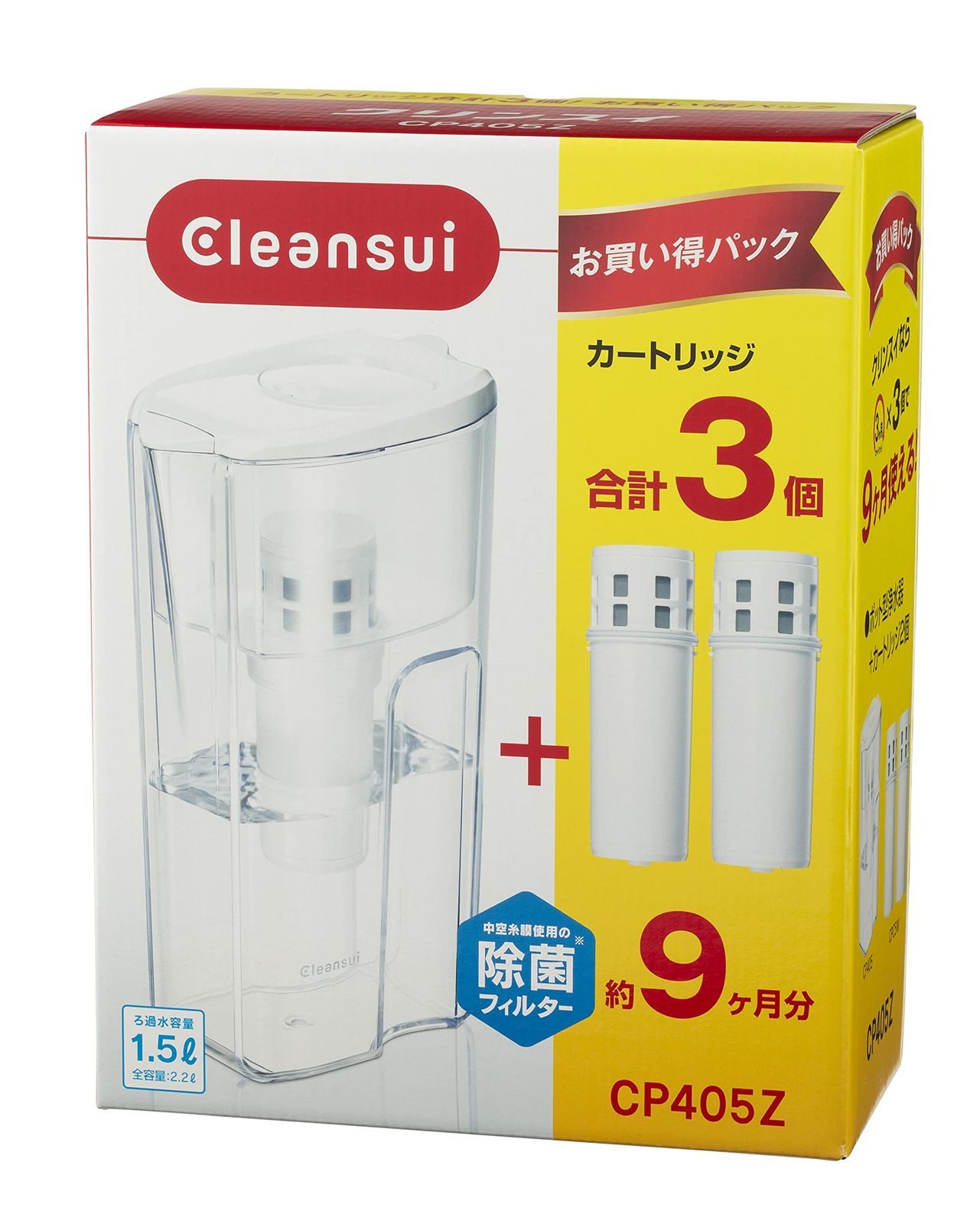 クリンスイ 浄水器 ポット型 カートリッジ 計3個入り ［CP405Z-WT］ ろ過水容量: 1.4L 全容量:2.2L 中容量モデル