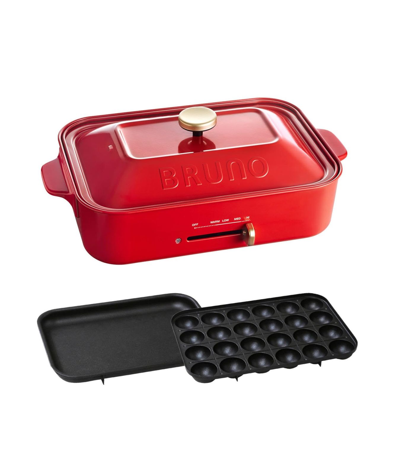 BRUNO ブルーノ コンパクトホットプレート 本体 プレート2種(たこ焼き 平面) レッド Red 赤 おすすめ おしゃれ かわいい これ1台 蓋 ふた付き 1200w 温度調節 洗いやすい 1人 2人 3人用 小型 小さいサイズ 少人数用 ひとり暮らしにも
