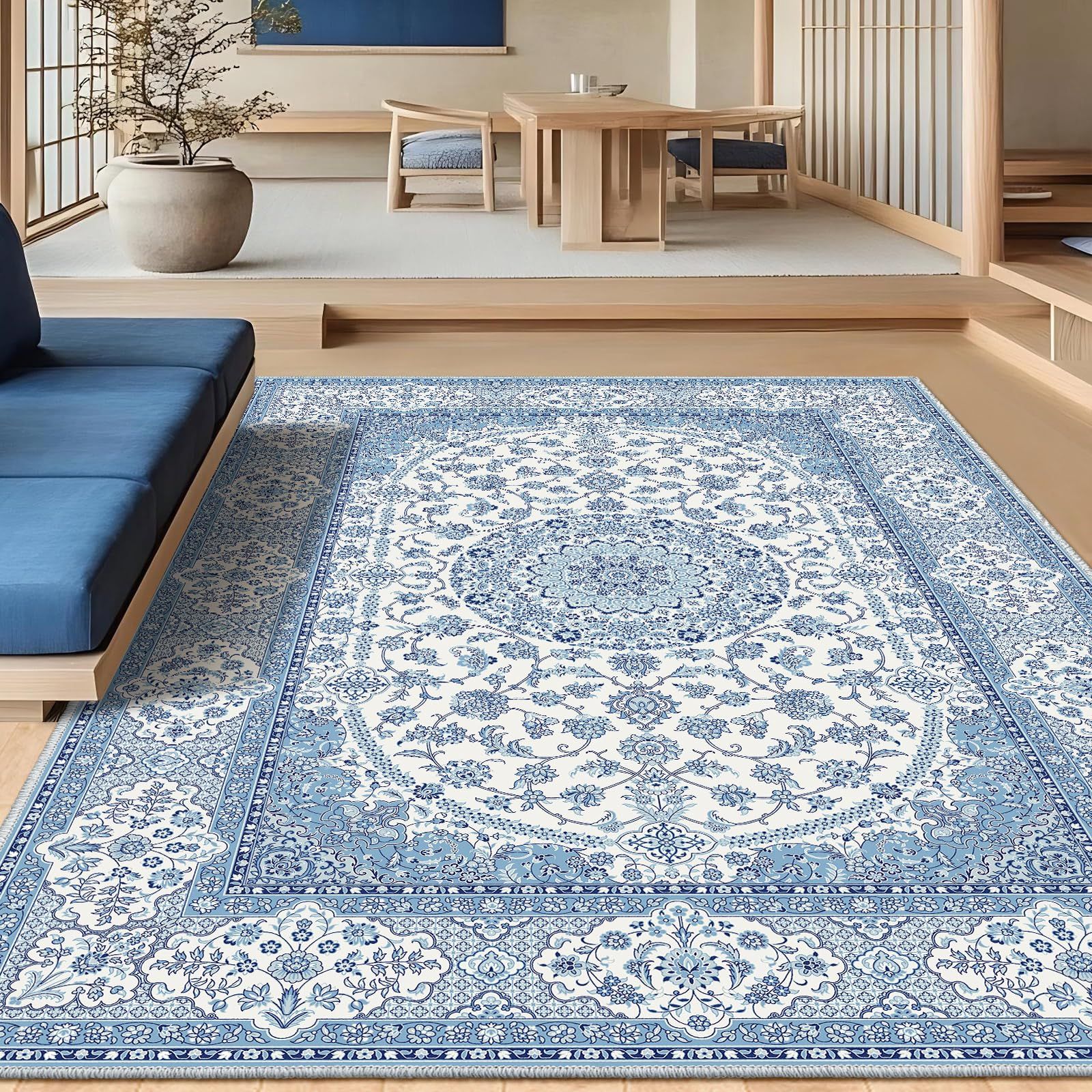 大きい ラグマット 160×230cm 洗える ペルシャ風 花柄 ブルー 長方形