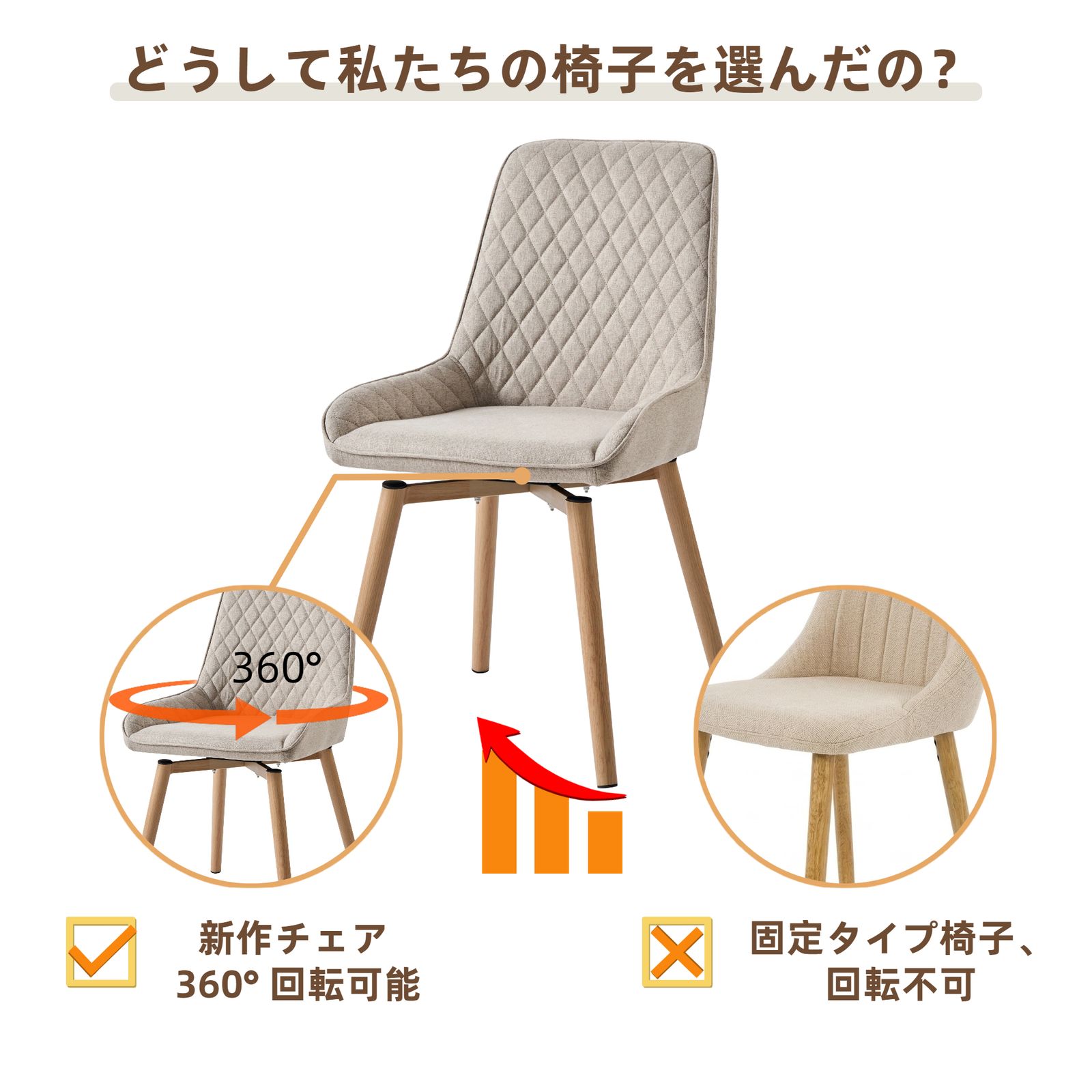 菱形キルティングがおしゃれ 回転ダイニングチェア 2脚セット