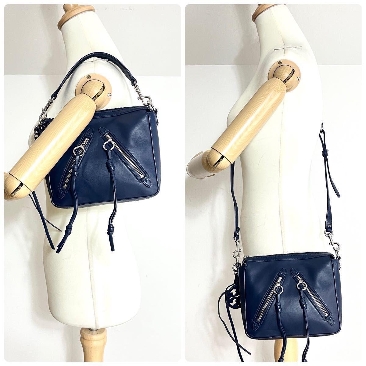 美品　トリーバーチ　2way　ショルダーバッグ　マリオン　レザー　ネイビー 希少 美品 Tory Burch 2way ショルダーバッグ ダブルジップ レザー