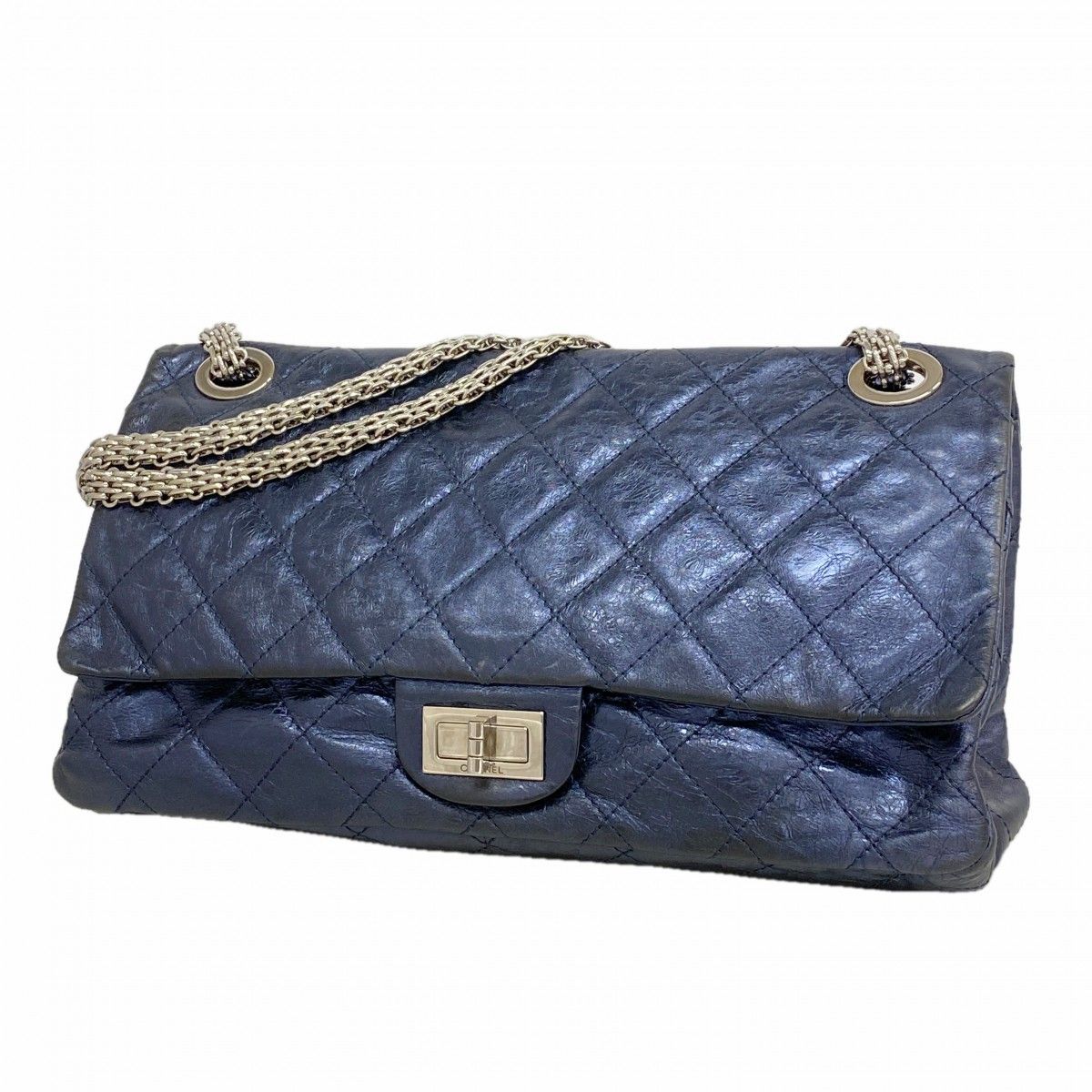 【6ga0054-k】シャネル ショルダーバッグ 2.55/マトラッセ カーフ メタリックネイビー シルバー金具【中古】レディース