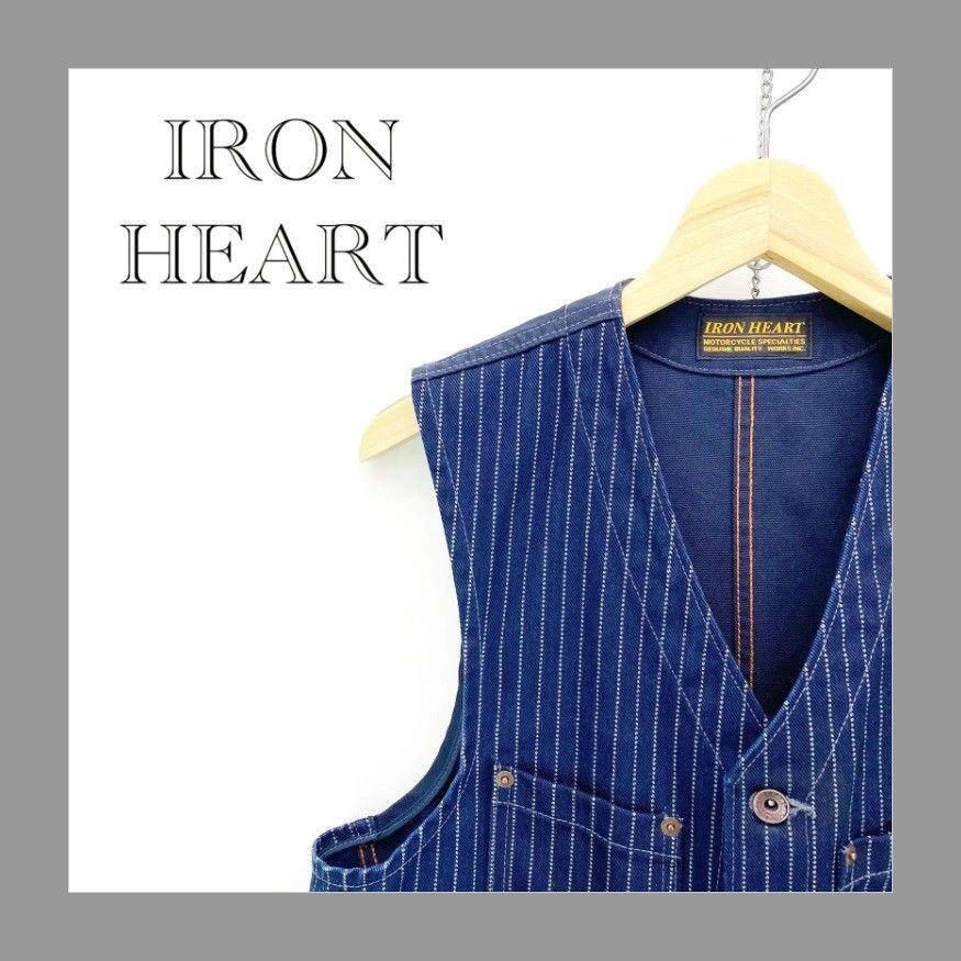 IRON HEART ネイビー ストライプ ベストXXL IRON HEART アイアンハート デニム ベスト ストライプ サイズM