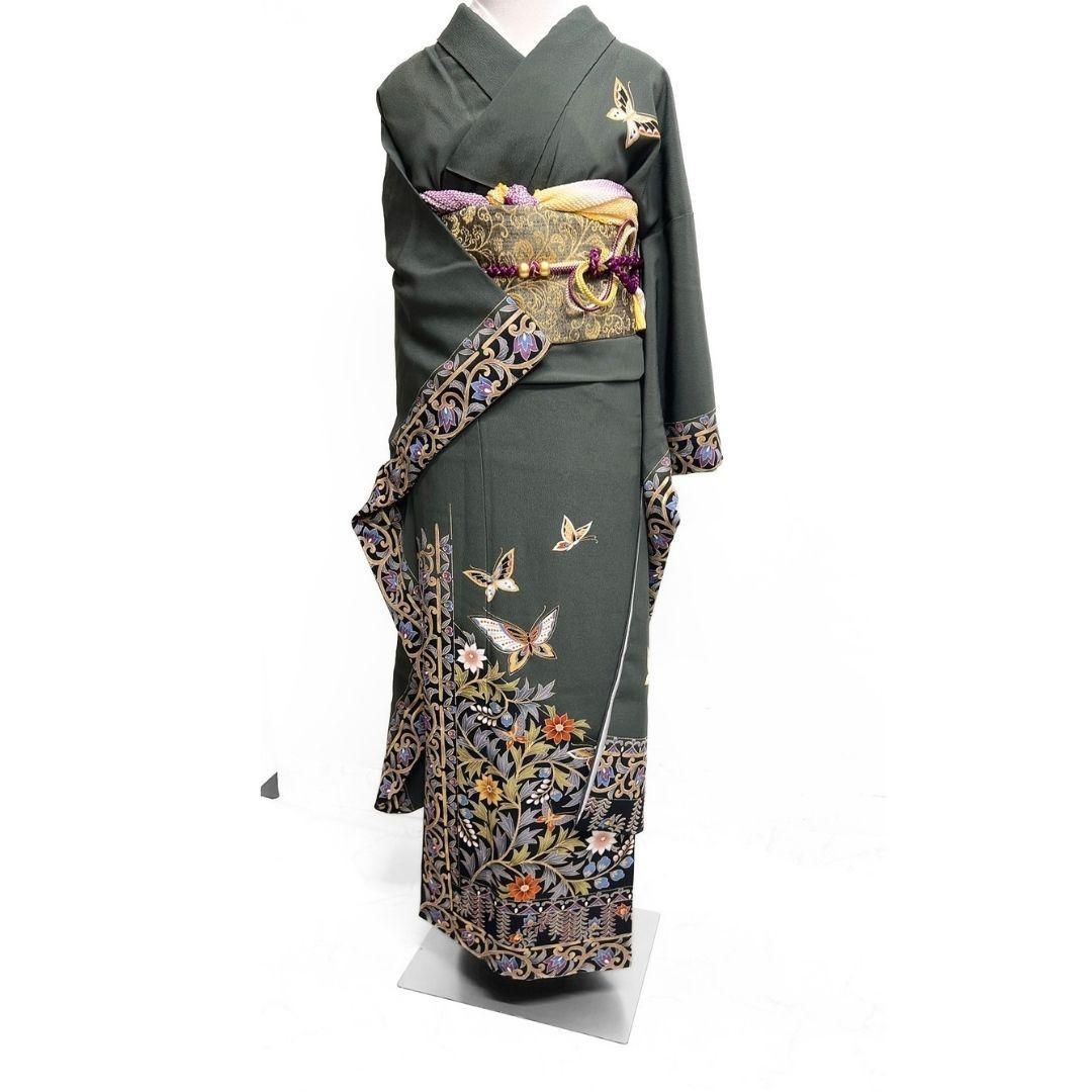 レディース 振袖 洗える着物 金彩 蝶 唐花文様 カーキカラー 成人式