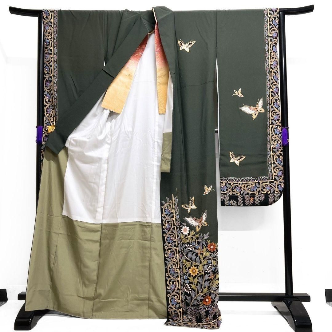 振袖 洗える着物 金彩 蝶 唐花文様 カーキカラー 成人式 着物 052b