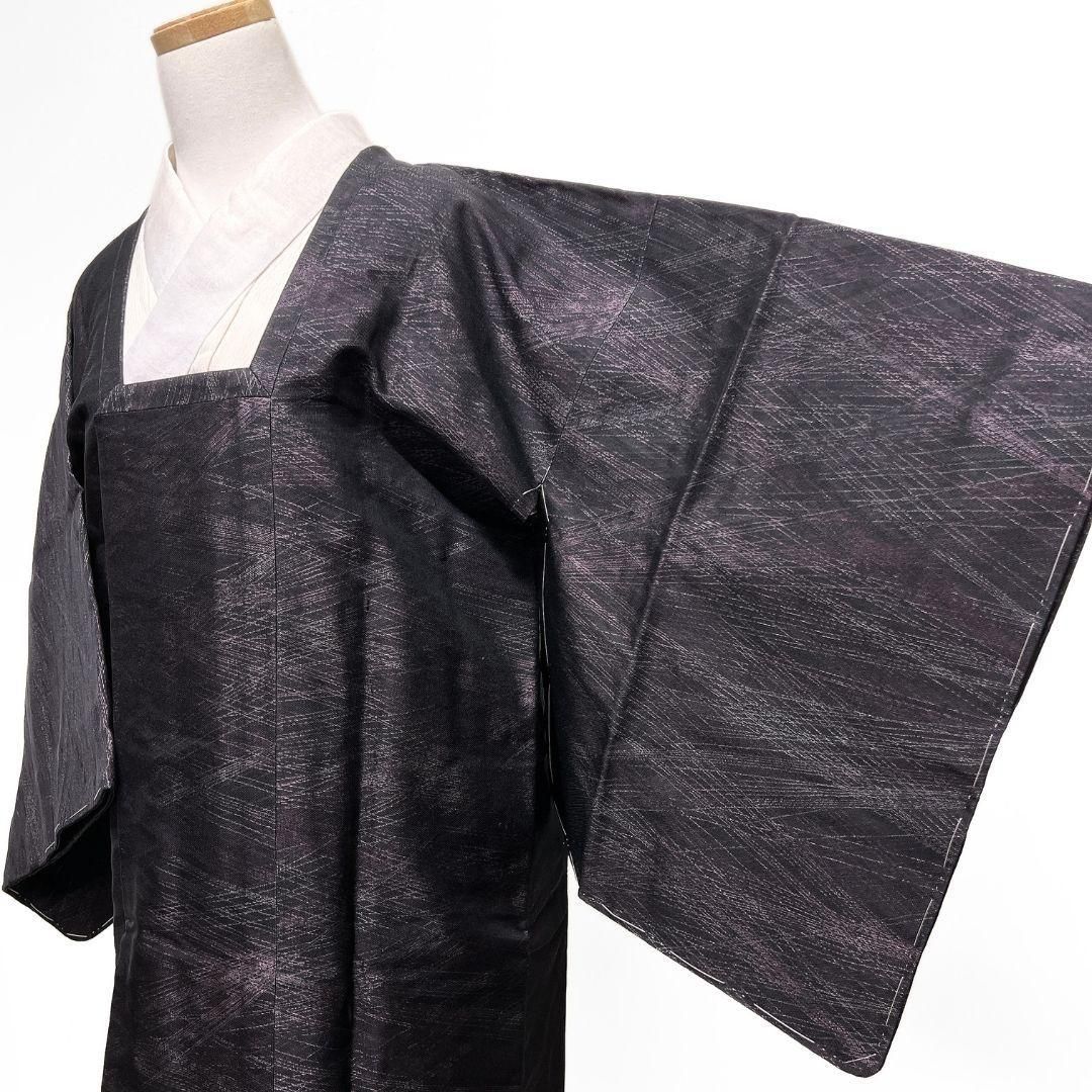 幽玄織　道行コート　斜線文様　黒地　黒ピンク　着物　053b